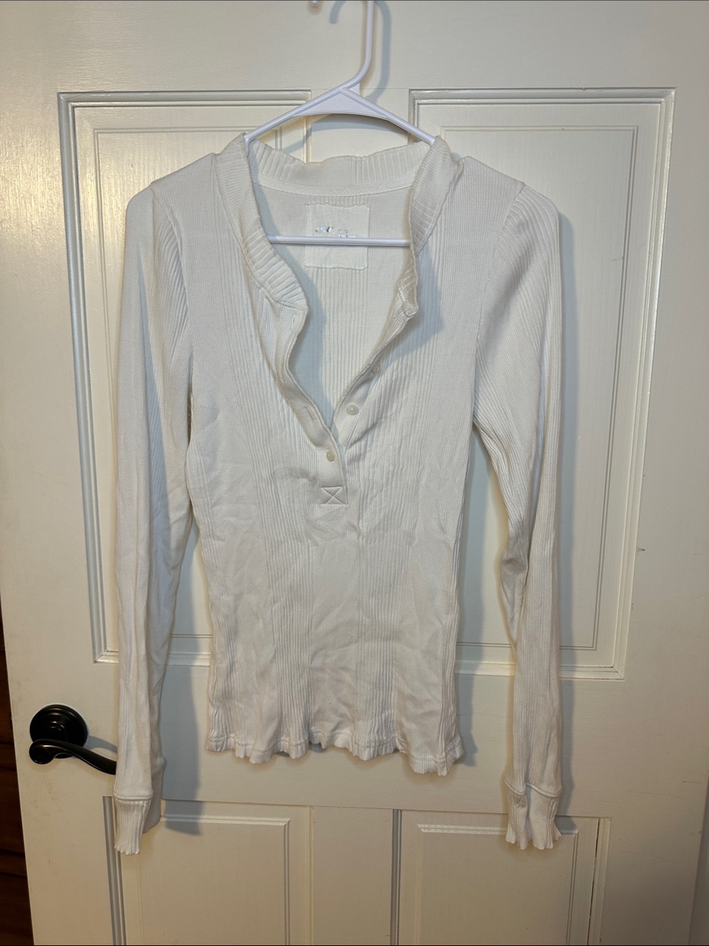 aerie White Ribbed Long-Sleeve Henley Top